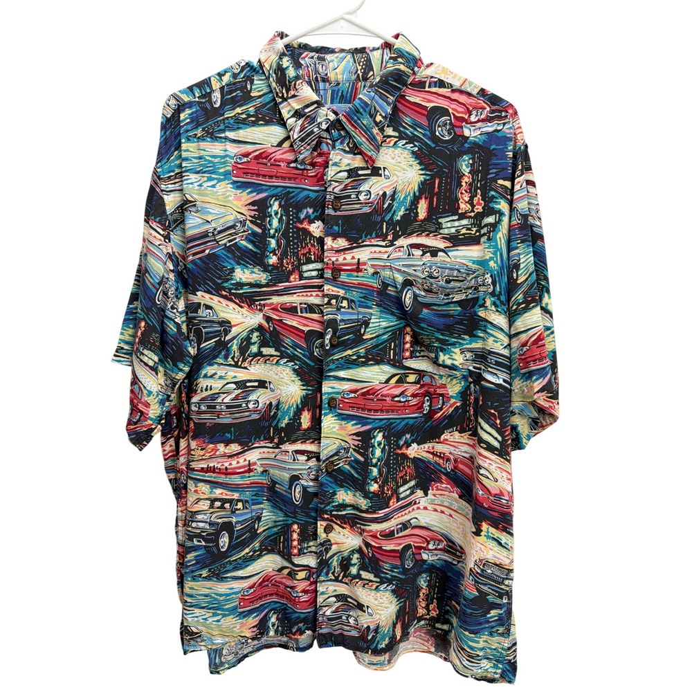 Reyn Spooner 100% Spun Rayon Classic Car Print Button Up Shirt XL Short Sleeve